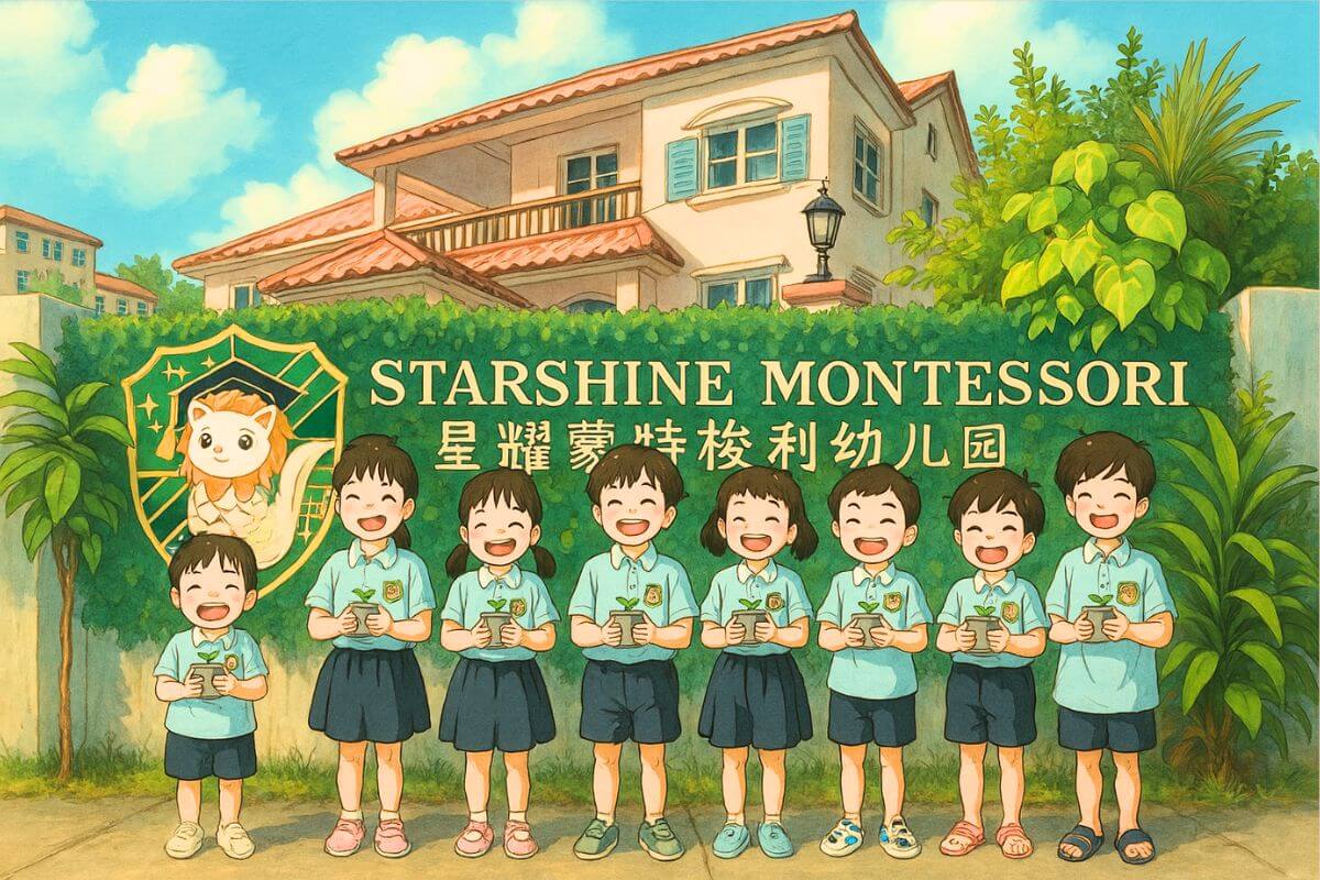 Studio Ghibli-style AI-generated illustration of happy preschool children holding potted plants in front of Starshine Montessori. Kids in uniform standing together outdoors, promoting sustainability and environmental education.
