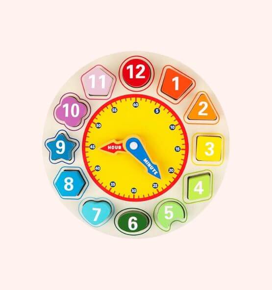 Montessori shape sorting clock toy for toddlers with colorful geometric number pieces to teach time, numbers, and shapes.