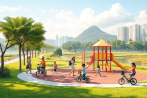 Children cycling and playing at a colorful playground in a scenic Singapore park with high-rise apartments, palm trees, and a lake in the background.