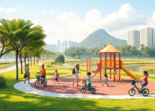 Children cycling and playing at a colorful playground in a scenic Singapore park with high-rise apartments, palm trees, and a lake in the background.