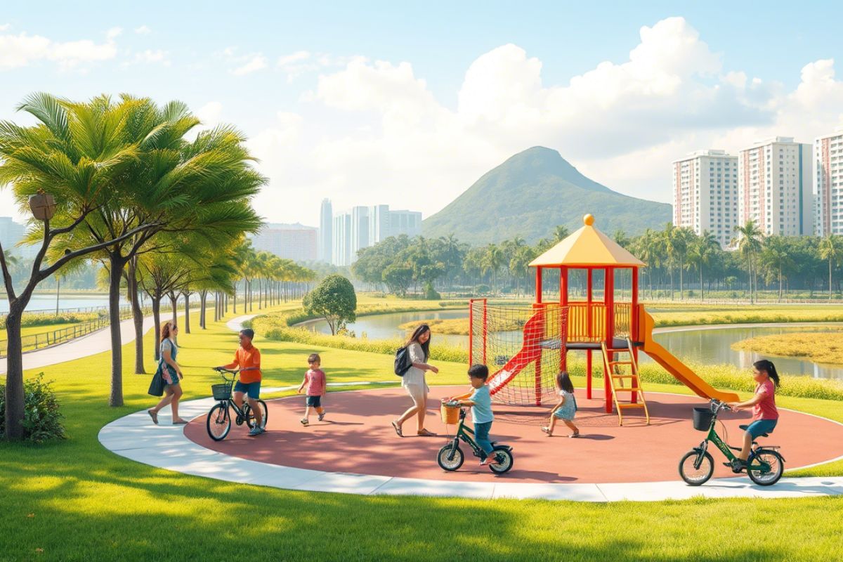 Children cycling and playing at a colorful playground in a scenic Singapore park with high-rise apartments, palm trees, and a lake in the background.
