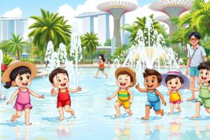 Happy children enjoying water play at a splash park in Gardens by the Bay, Singapore, with Marina Bay Sands and Supertree Grove in the background.