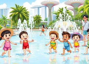 Happy children enjoying water play at a splash park in Gardens by the Bay, Singapore, with Marina Bay Sands and Supertree Grove in the background.