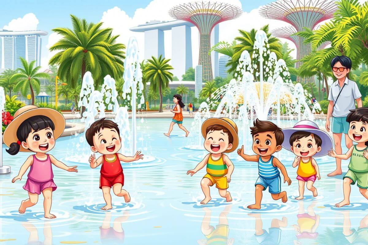 Happy children enjoying water play at a splash park in Gardens by the Bay, Singapore, with Marina Bay Sands and Supertree Grove in the background.