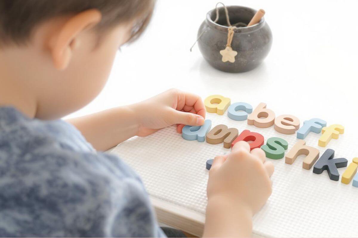 Toddler learning the alphabet using colorful wooden letters in a Montessori-inspired hands-on activity.