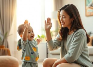 Smiling mother giving a high five to her happy toddler in a sunlit living room, demonstrating positive parenting and early bonding.