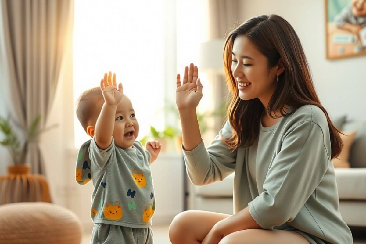 Smiling mother giving a high five to her happy toddler in a sunlit living room, demonstrating positive parenting and early bonding.
